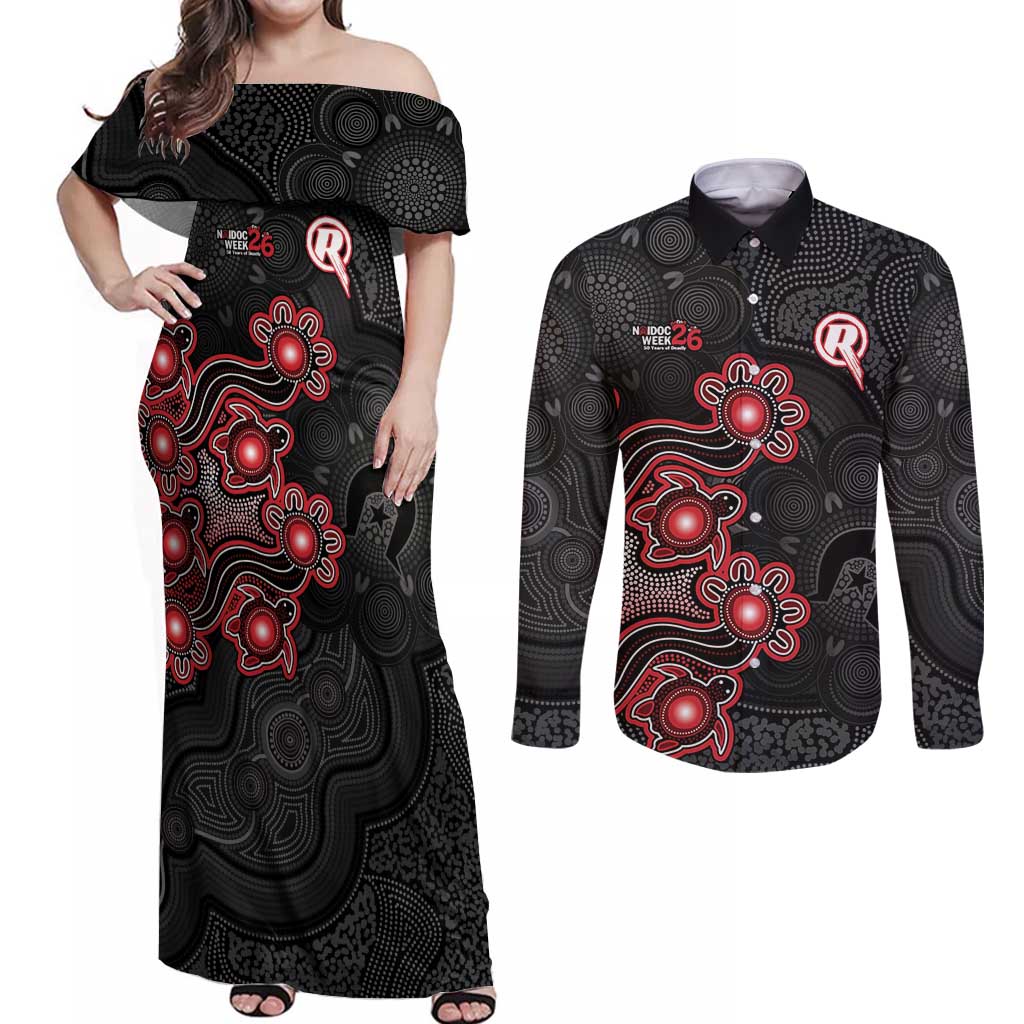 Personalised Melbourne Renegades NAIDOC Week 2026 Couples Matching Off Shoulder Maxi Dress and Long Sleeve Button Shirt Sea Turtles Aboriginal Art