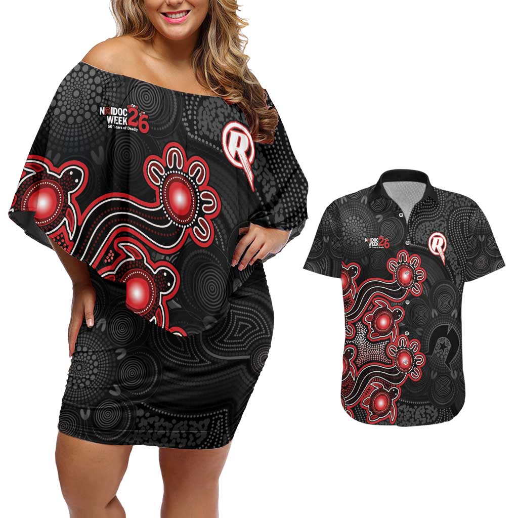 Personalised Melbourne Renegades NAIDOC Week 2026 Couples Matching Off Shoulder Short Dress and Hawaiian Shirt Sea Turtles Aboriginal Art