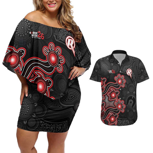 Personalised Melbourne Renegades NAIDOC Week 2026 Couples Matching Off Shoulder Short Dress and Hawaiian Shirt Sea Turtles Aboriginal Art
