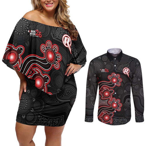 Personalised Melbourne Renegades NAIDOC Week 2026 Couples Matching Off Shoulder Short Dress and Long Sleeve Button Shirt Sea Turtles Aboriginal Art