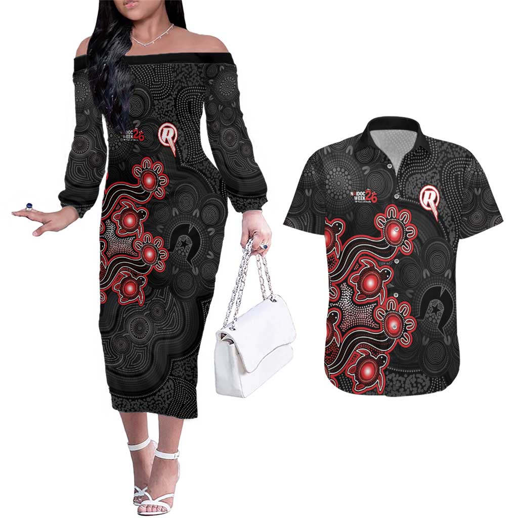 Personalised Melbourne Renegades NAIDOC Week 2026 Couples Matching Off The Shoulder Long Sleeve Dress and Hawaiian Shirt Sea Turtles Aboriginal Art