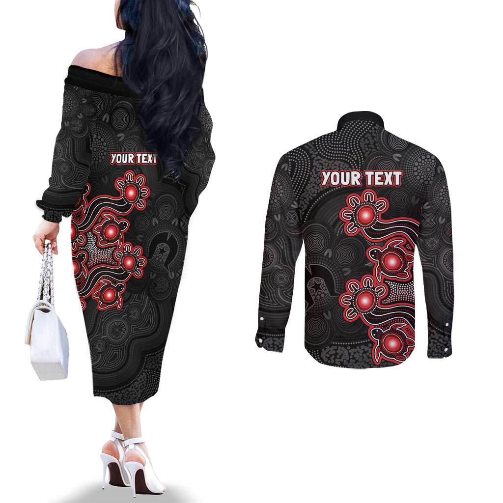 Personalised Melbourne Renegades NAIDOC Week 2026 Couples Matching Off The Shoulder Long Sleeve Dress and Long Sleeve Button Shirt Sea Turtles Aboriginal Art