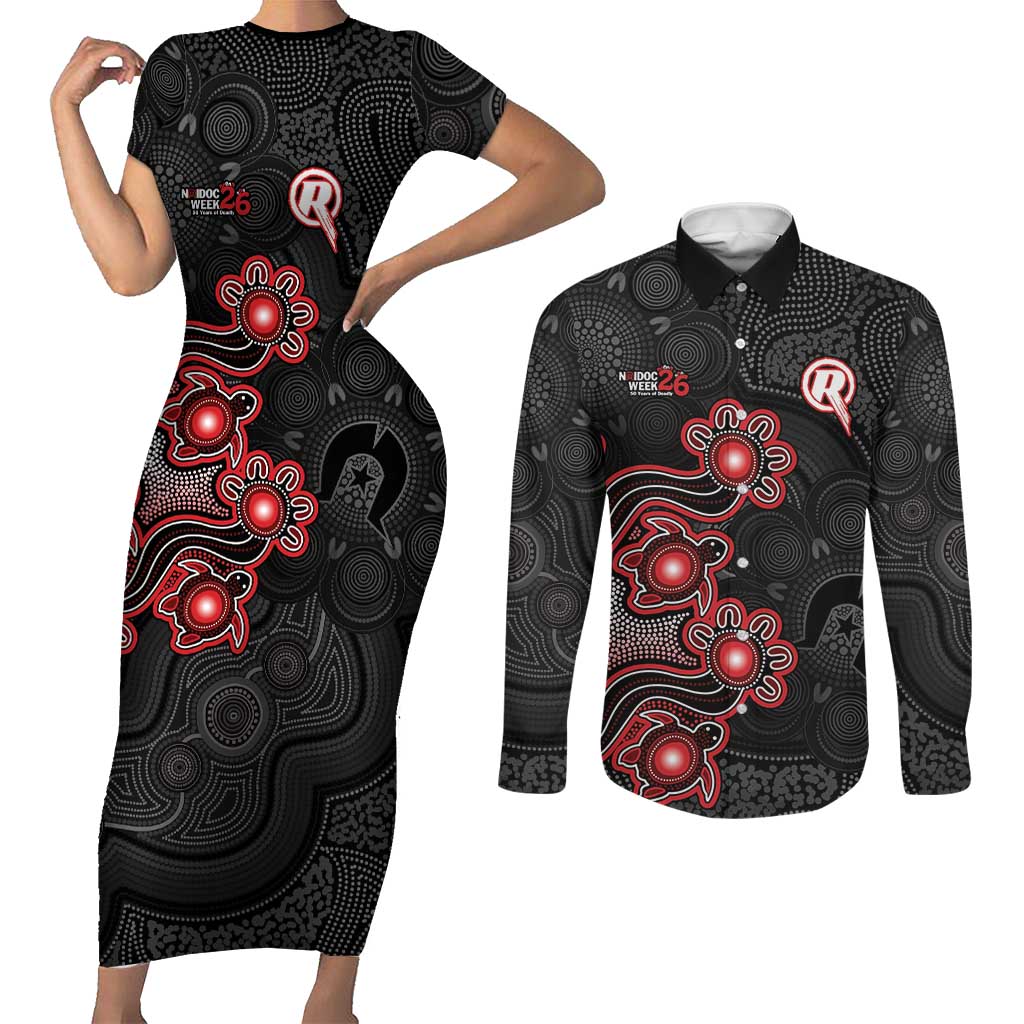 Personalised Melbourne Renegades NAIDOC Week 2026 Couples Matching Short Sleeve Bodycon Dress and Long Sleeve Button Shirt Sea Turtles Aboriginal Art