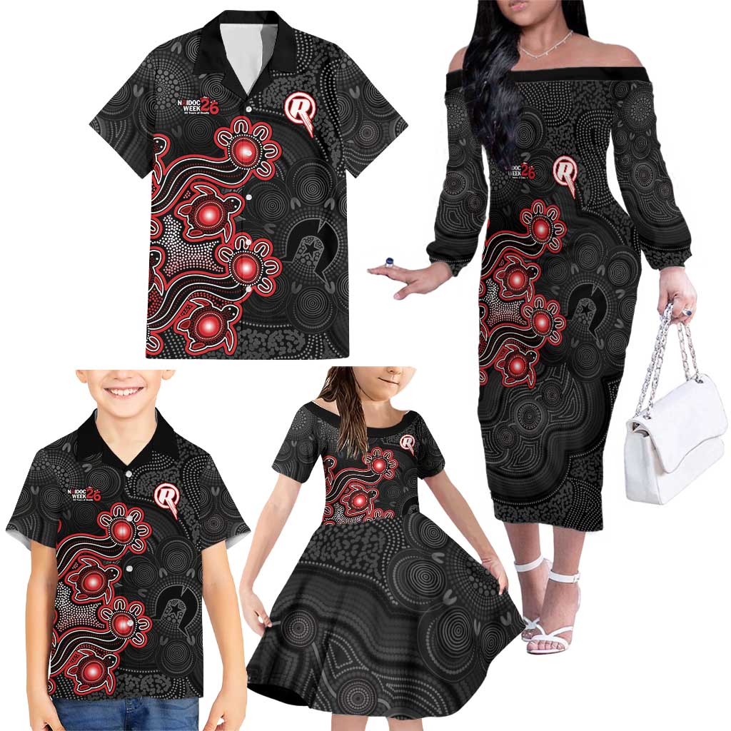 Personalised Melbourne Renegades NAIDOC Week 2026 Family Matching Off The Shoulder Long Sleeve Dress and Hawaiian Shirt Sea Turtles Aboriginal Art