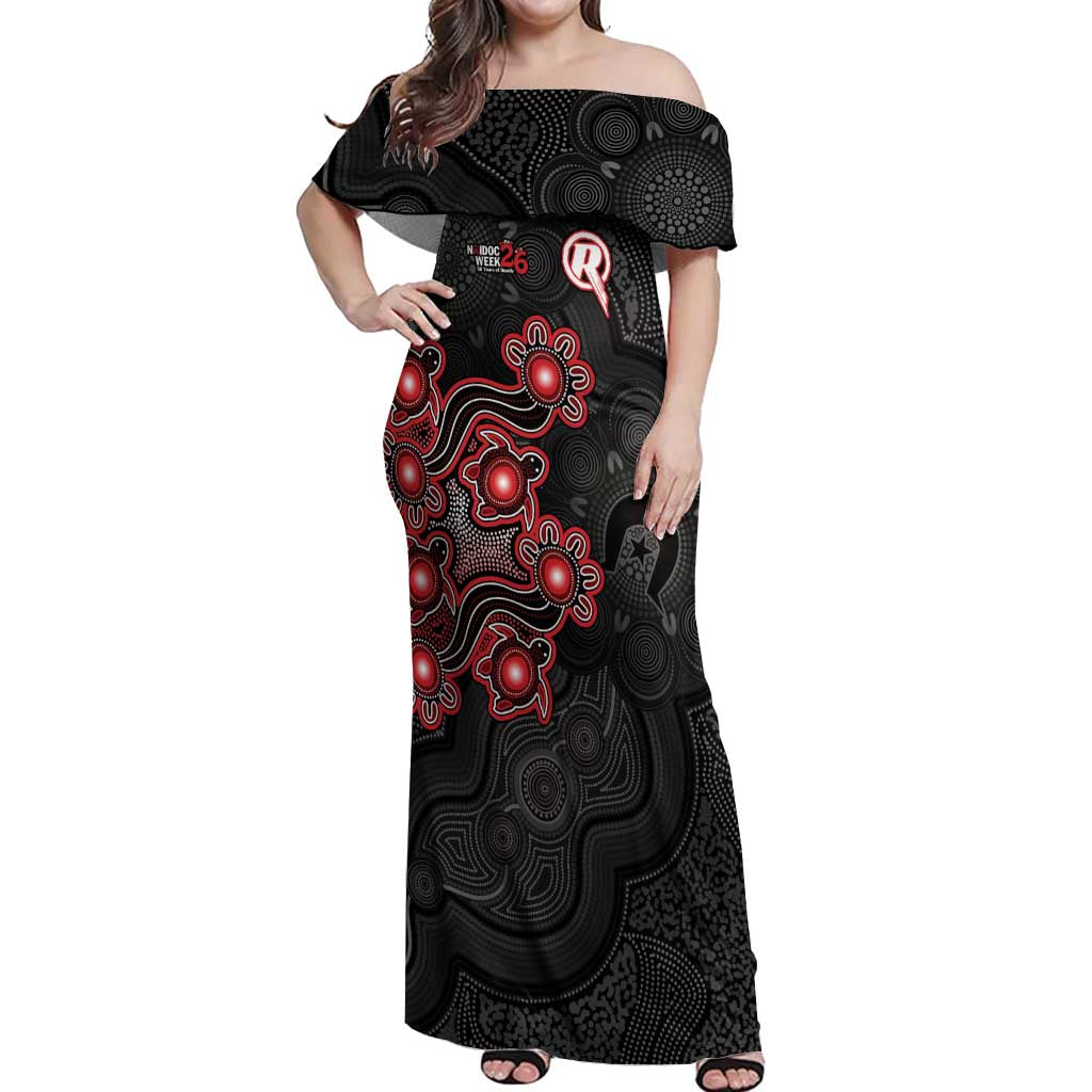 Personalised Melbourne Renegades NAIDOC Week 2026 Off Shoulder Maxi Dress Sea Turtles Aboriginal Art