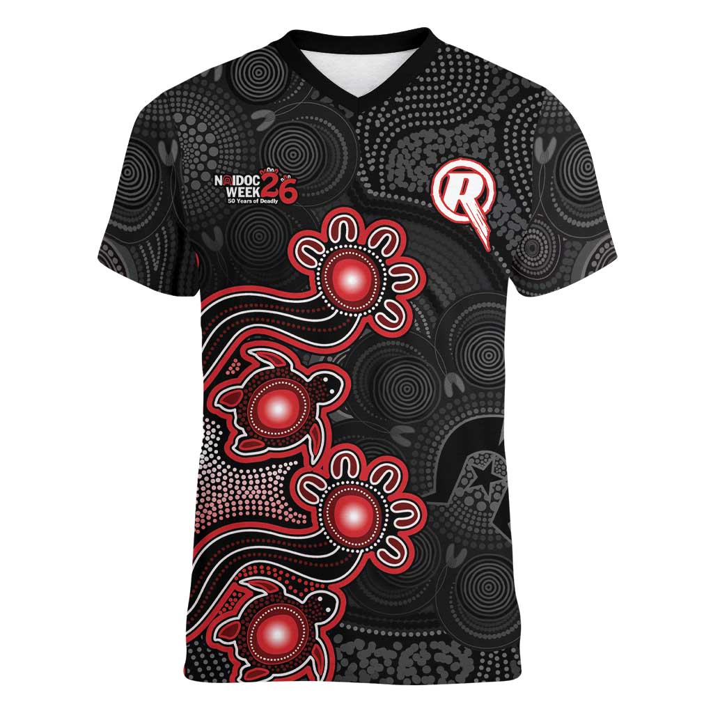 Personalised Melbourne Renegades NAIDOC Week 2026 Women V-Neck T-Shirt Sea Turtles Aboriginal Art