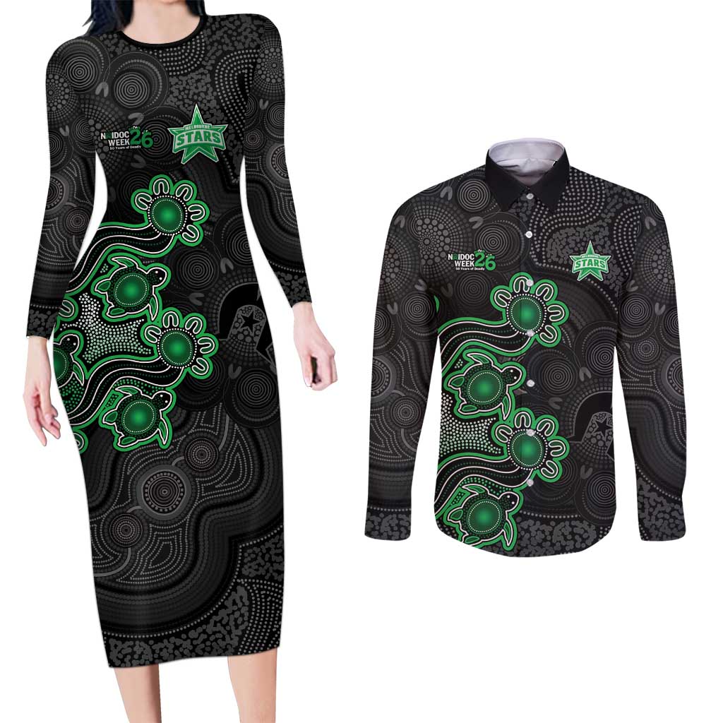 Personalised Melbourne Stars NAIDOC Week 2026 Couples Matching Long Sleeve Bodycon Dress and Long Sleeve Button Shirt Sea Turtles Aboriginal Art