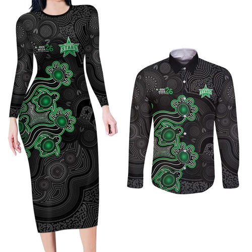 Personalised Melbourne Stars NAIDOC Week 2026 Couples Matching Long Sleeve Bodycon Dress and Long Sleeve Button Shirt Sea Turtles Aboriginal Art