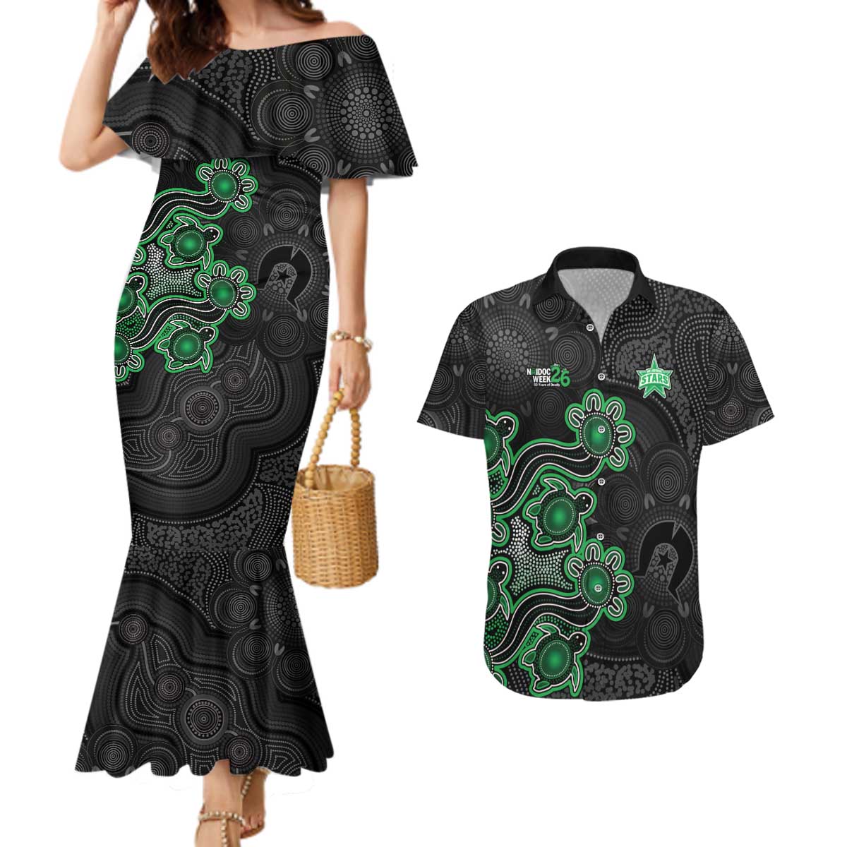 Personalised Melbourne Stars NAIDOC Week 2026 Couples Matching Mermaid Dress and Hawaiian Shirt Sea Turtles Aboriginal Art