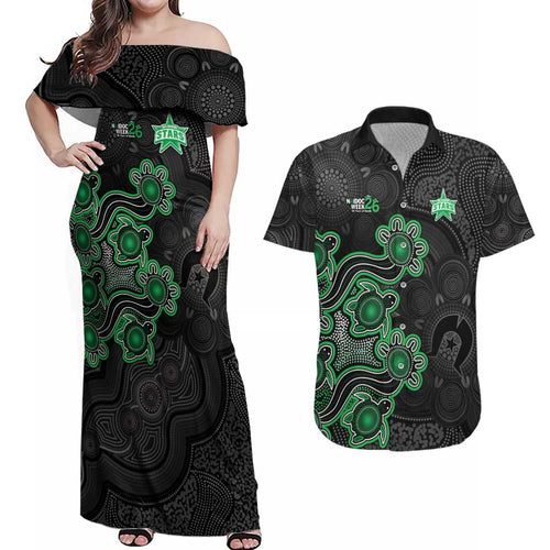 Personalised Melbourne Stars NAIDOC Week 2026 Couples Matching Off Shoulder Maxi Dress and Hawaiian Shirt Sea Turtles Aboriginal Art