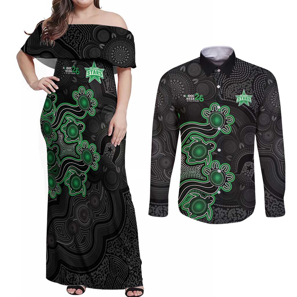 Personalised Melbourne Stars NAIDOC Week 2026 Couples Matching Off Shoulder Maxi Dress and Long Sleeve Button Shirt Sea Turtles Aboriginal Art