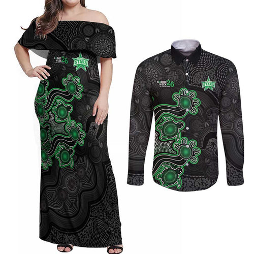 Personalised Melbourne Stars NAIDOC Week 2026 Couples Matching Off Shoulder Maxi Dress and Long Sleeve Button Shirt Sea Turtles Aboriginal Art