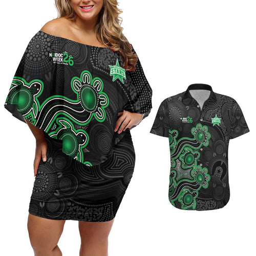 Personalised Melbourne Stars NAIDOC Week 2026 Couples Matching Off Shoulder Short Dress and Hawaiian Shirt Sea Turtles Aboriginal Art