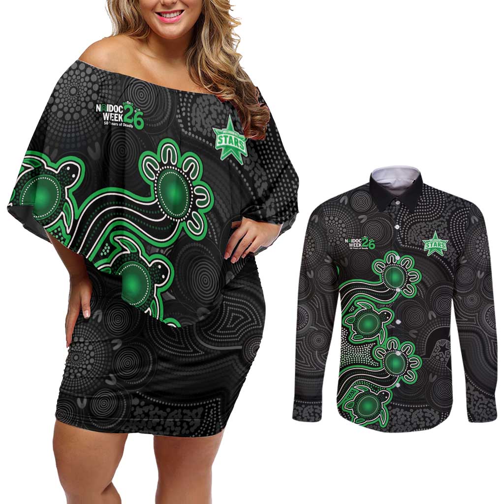 Personalised Melbourne Stars NAIDOC Week 2026 Couples Matching Off Shoulder Short Dress and Long Sleeve Button Shirt Sea Turtles Aboriginal Art