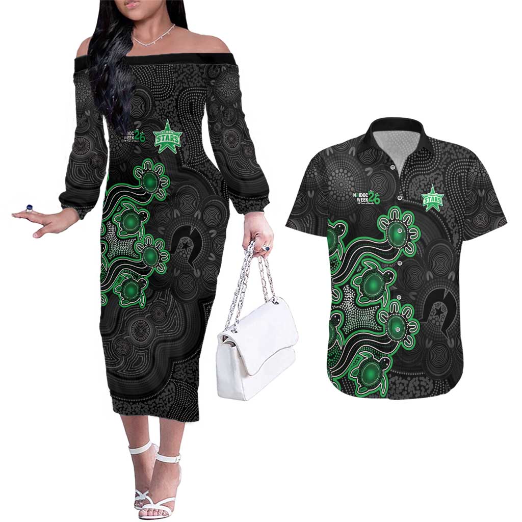 Personalised Melbourne Stars NAIDOC Week 2026 Couples Matching Off The Shoulder Long Sleeve Dress and Hawaiian Shirt Sea Turtles Aboriginal Art