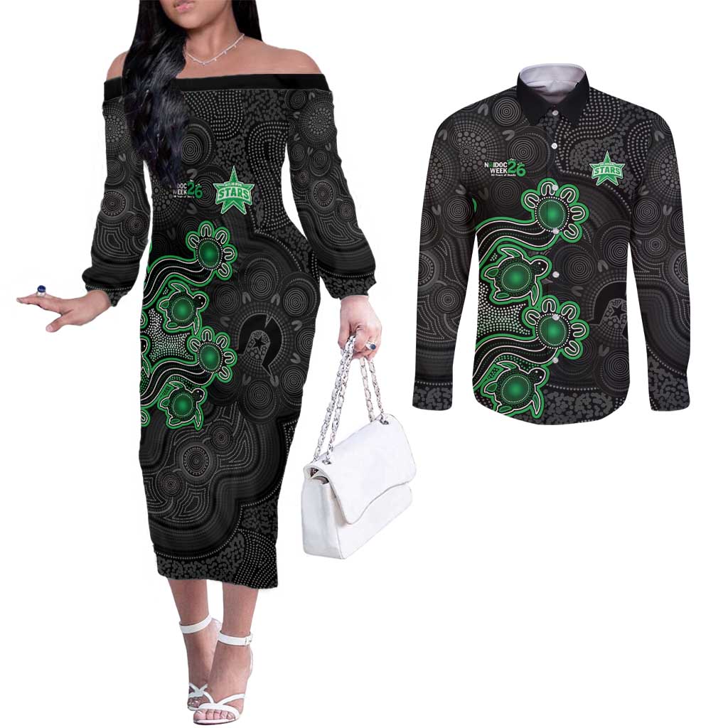 Personalised Melbourne Stars NAIDOC Week 2026 Couples Matching Off The Shoulder Long Sleeve Dress and Long Sleeve Button Shirt Sea Turtles Aboriginal Art