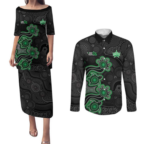 Personalised Melbourne Stars NAIDOC Week 2026 Couples Matching Puletasi and Long Sleeve Button Shirt Sea Turtles Aboriginal Art