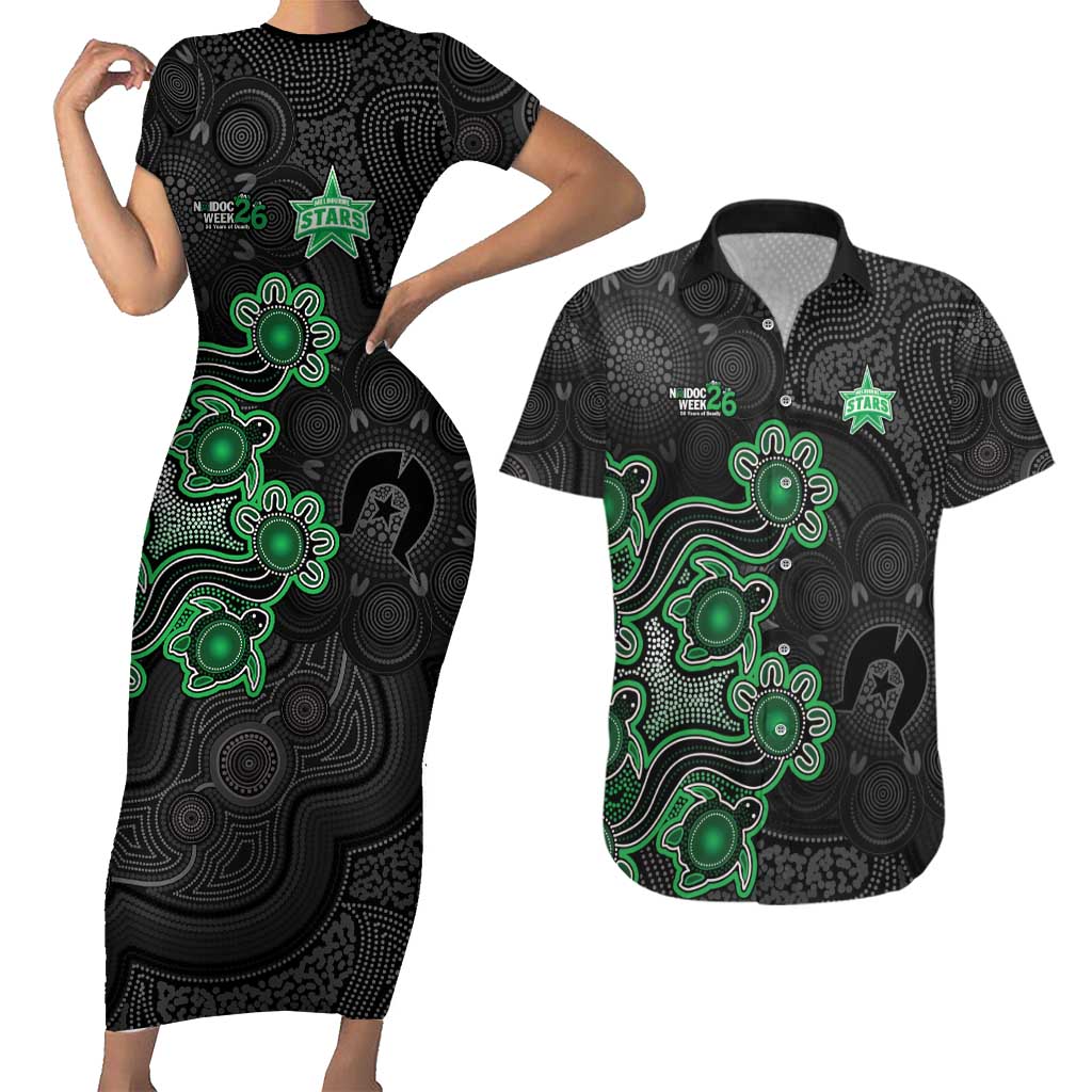 Personalised Melbourne Stars NAIDOC Week 2026 Couples Matching Short Sleeve Bodycon Dress and Hawaiian Shirt Sea Turtles Aboriginal Art