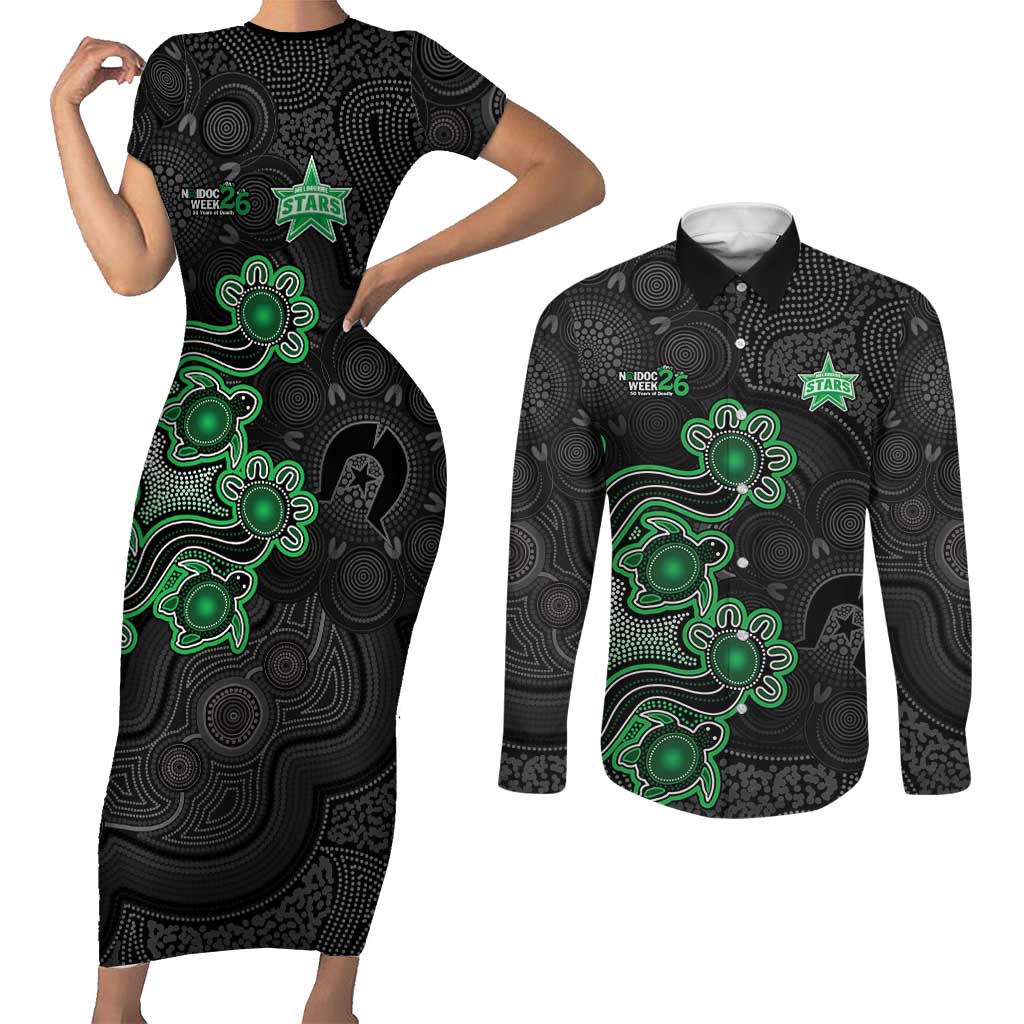 Personalised Melbourne Stars NAIDOC Week 2026 Couples Matching Short Sleeve Bodycon Dress and Long Sleeve Button Shirt Sea Turtles Aboriginal Art