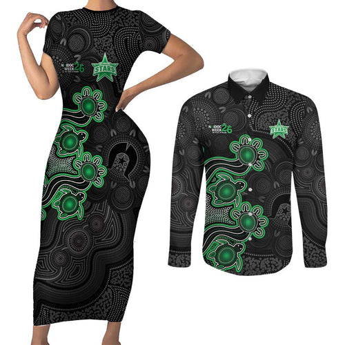Personalised Melbourne Stars NAIDOC Week 2026 Couples Matching Short Sleeve Bodycon Dress and Long Sleeve Button Shirt Sea Turtles Aboriginal Art