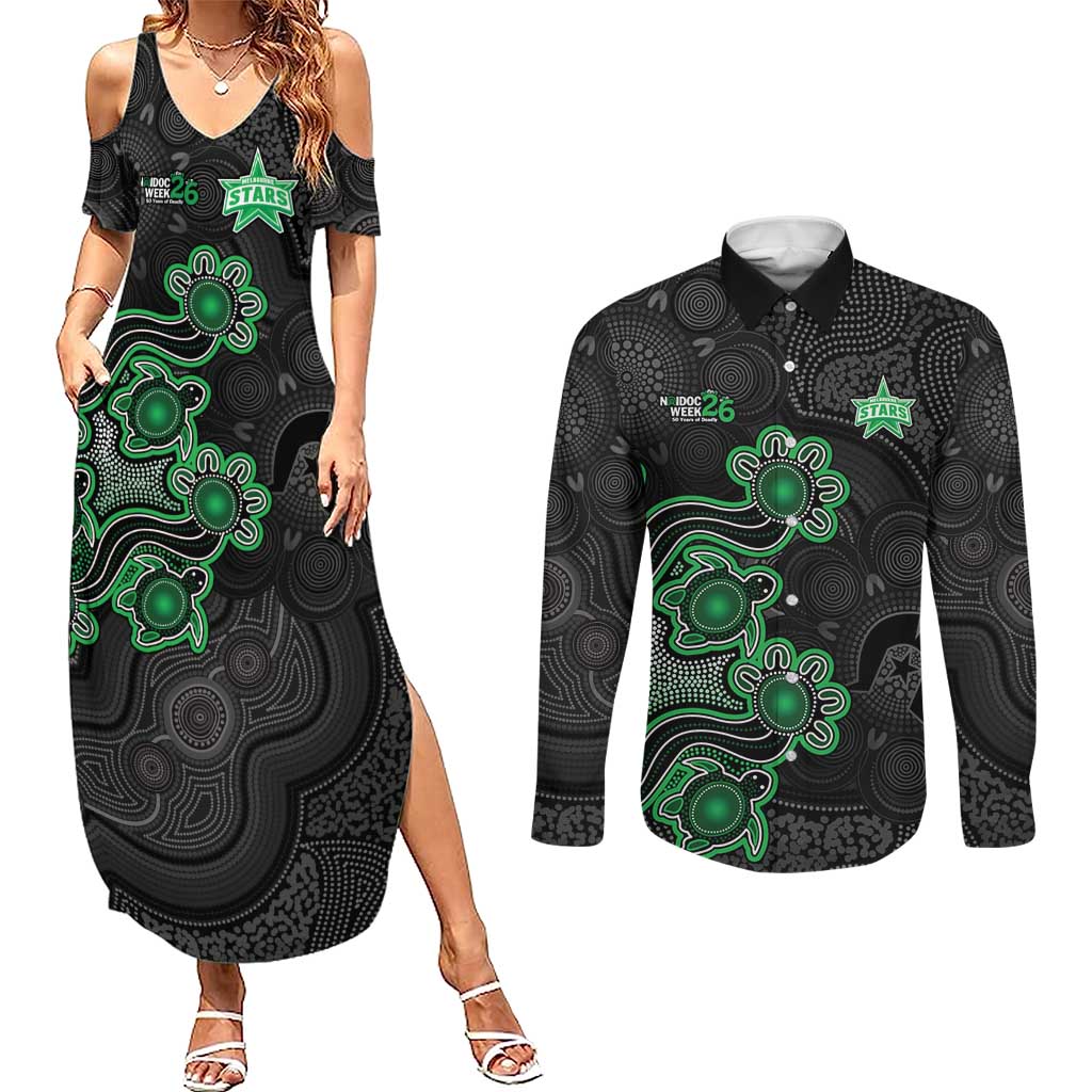 Personalised Melbourne Stars NAIDOC Week 2026 Couples Matching Summer Maxi Dress and Long Sleeve Button Shirt Sea Turtles Aboriginal Art