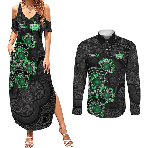 Personalised Melbourne Stars NAIDOC Week 2026 Couples Matching Summer Maxi Dress and Long Sleeve Button Shirt Sea Turtles Aboriginal Art