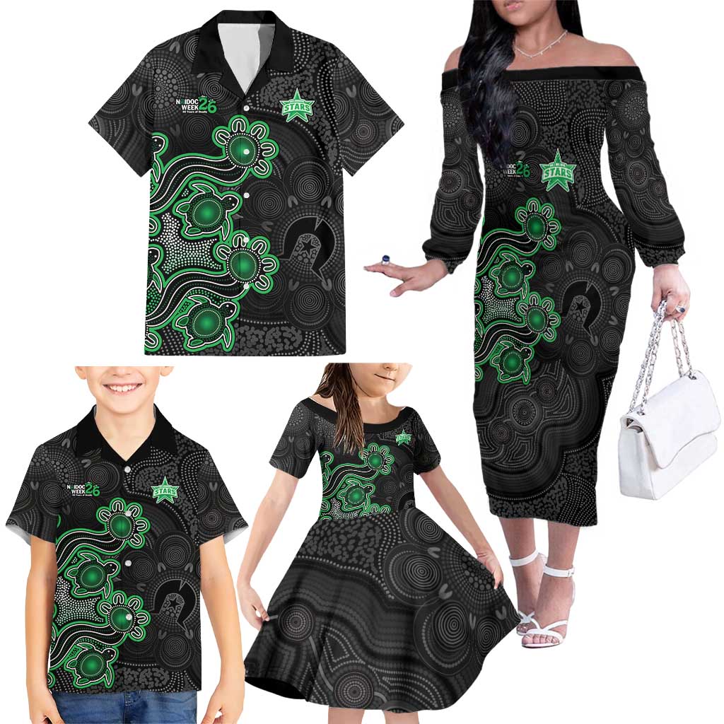 Personalised Melbourne Stars NAIDOC Week 2026 Family Matching Off The Shoulder Long Sleeve Dress and Hawaiian Shirt Sea Turtles Aboriginal Art