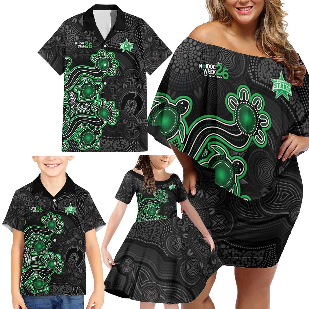 Personalised Melbourne Stars NAIDOC Week 2026 Family Matching Off Shoulder Short Dress and Hawaiian Shirt Sea Turtles Aboriginal Art