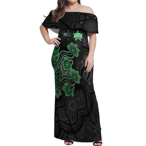 Personalised Melbourne Stars NAIDOC Week 2026 Off Shoulder Maxi Dress Sea Turtles Aboriginal Art