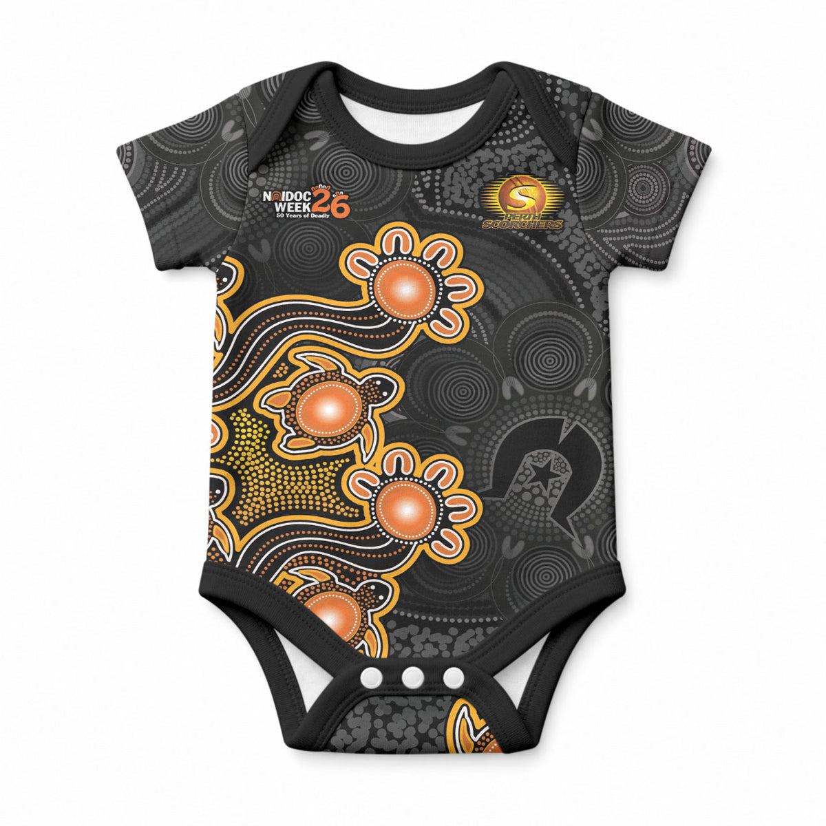 Personalised Perth Scorchers NAIDOC Week 2026 Baby Onesie Sea Turtles Aboriginal Art