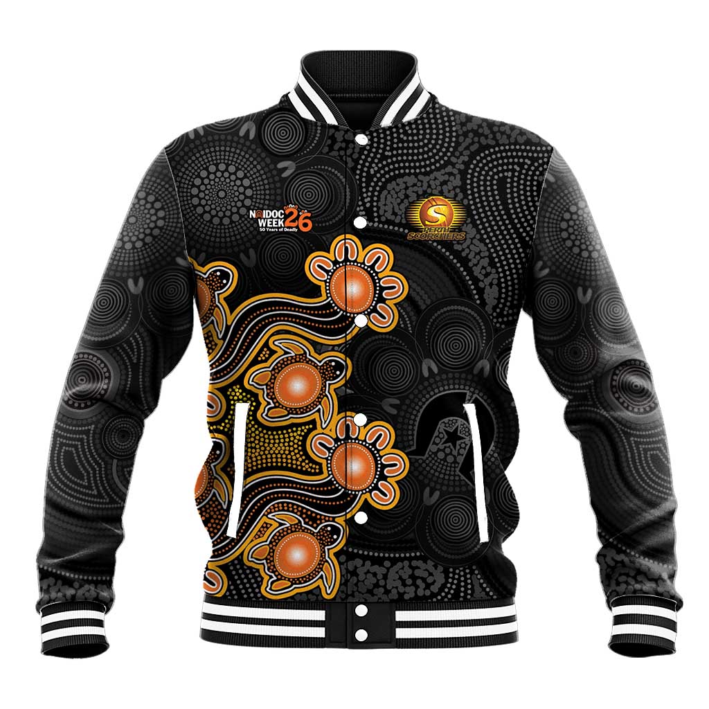 Personalised Perth Scorchers NAIDOC Week 2026 Baseball Jacket Sea Turtles Aboriginal Art