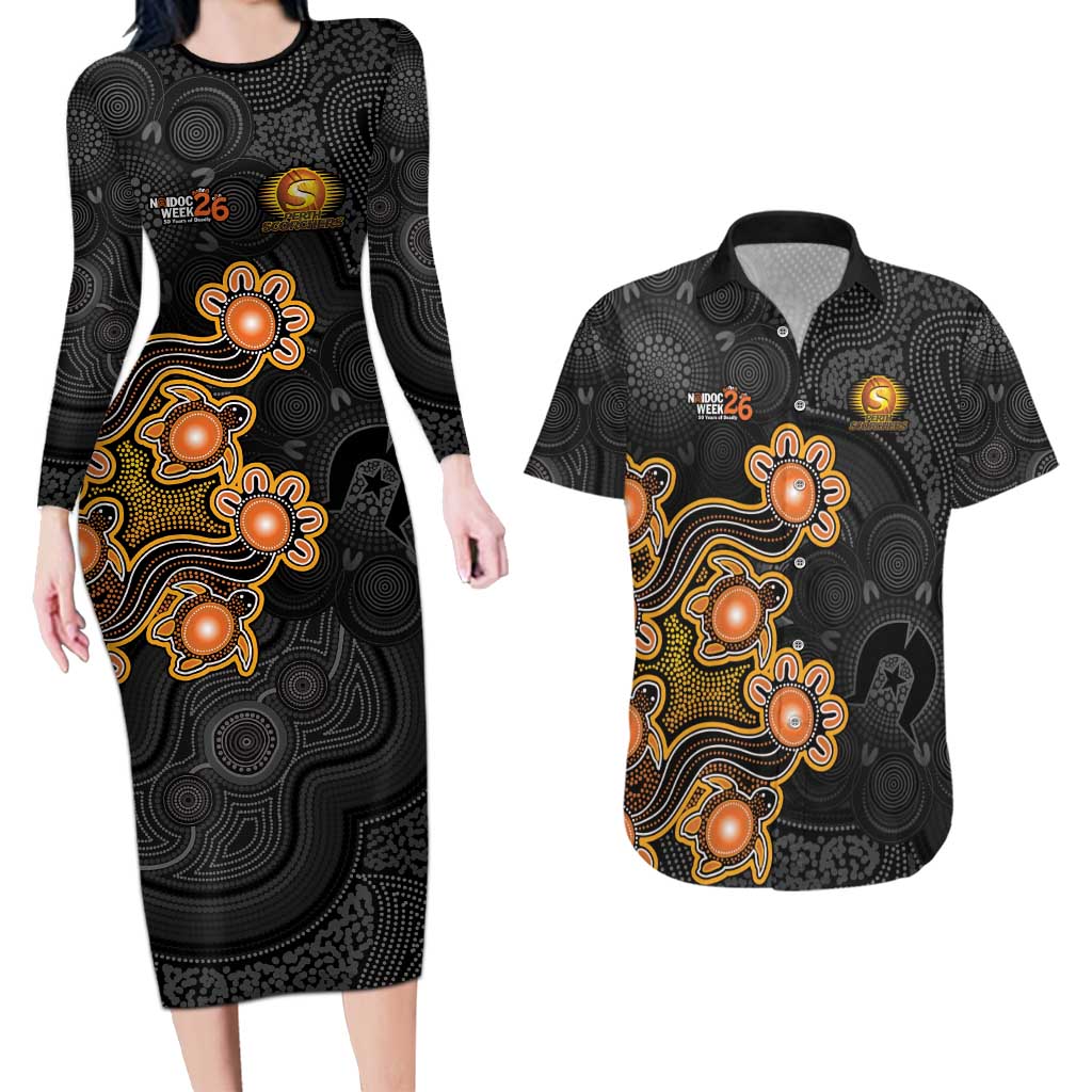 Personalised Perth Scorchers NAIDOC Week 2026 Couples Matching Long Sleeve Bodycon Dress and Hawaiian Shirt Sea Turtles Aboriginal Art