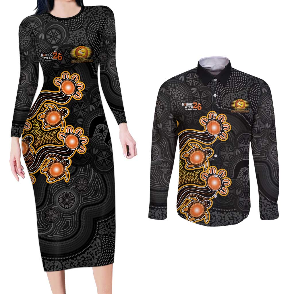 Personalised Perth Scorchers NAIDOC Week 2026 Couples Matching Long Sleeve Bodycon Dress and Long Sleeve Button Shirt Sea Turtles Aboriginal Art
