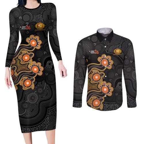 Personalised Perth Scorchers NAIDOC Week 2026 Couples Matching Long Sleeve Bodycon Dress and Long Sleeve Button Shirt Sea Turtles Aboriginal Art