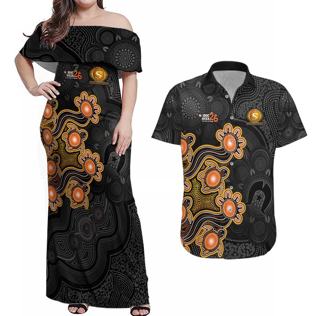 Personalised Perth Scorchers NAIDOC Week 2026 Couples Matching Off Shoulder Maxi Dress and Hawaiian Shirt Sea Turtles Aboriginal Art