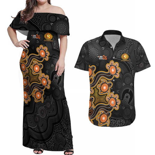 Personalised Perth Scorchers NAIDOC Week 2026 Couples Matching Off Shoulder Maxi Dress and Hawaiian Shirt Sea Turtles Aboriginal Art