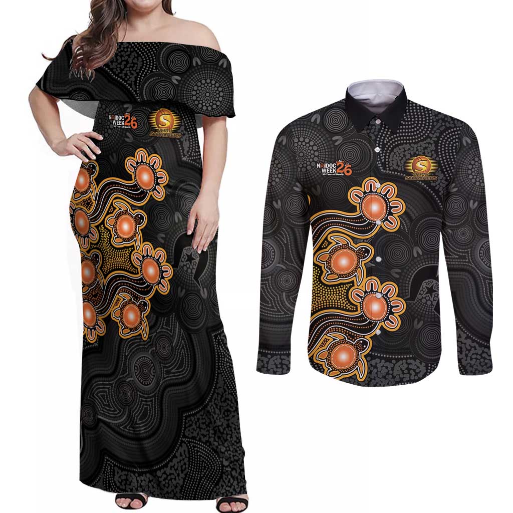 Personalised Perth Scorchers NAIDOC Week 2026 Couples Matching Off Shoulder Maxi Dress and Long Sleeve Button Shirt Sea Turtles Aboriginal Art