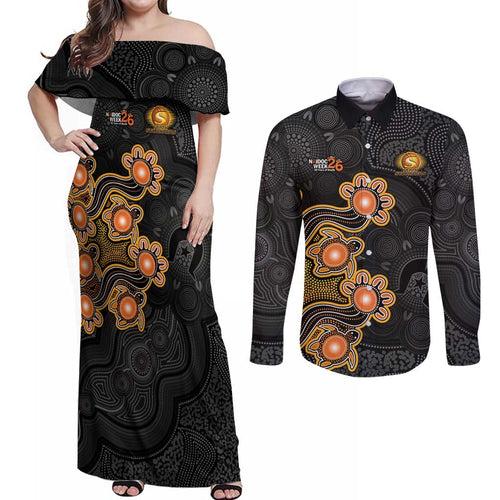 Personalised Perth Scorchers NAIDOC Week 2026 Couples Matching Off Shoulder Maxi Dress and Long Sleeve Button Shirt Sea Turtles Aboriginal Art