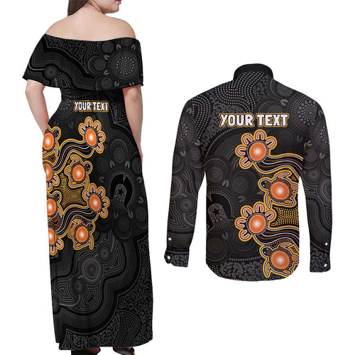 Personalised Perth Scorchers NAIDOC Week 2026 Couples Matching Off Shoulder Maxi Dress and Long Sleeve Button Shirt Sea Turtles Aboriginal Art