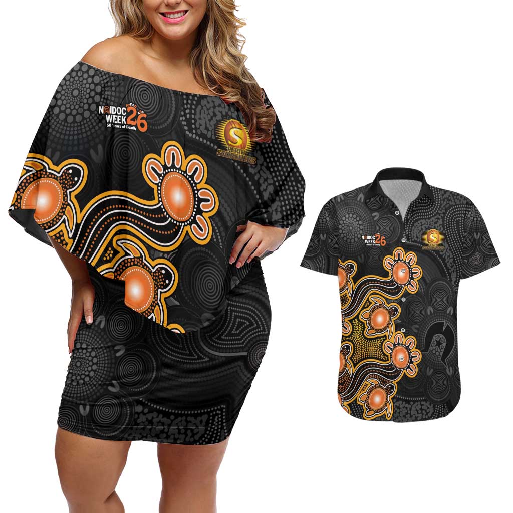 Personalised Perth Scorchers NAIDOC Week 2026 Couples Matching Off Shoulder Short Dress and Hawaiian Shirt Sea Turtles Aboriginal Art