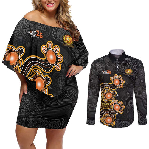 Personalised Perth Scorchers NAIDOC Week 2026 Couples Matching Off Shoulder Short Dress and Long Sleeve Button Shirt Sea Turtles Aboriginal Art