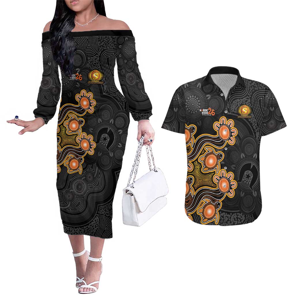 Personalised Perth Scorchers NAIDOC Week 2026 Couples Matching Off The Shoulder Long Sleeve Dress and Hawaiian Shirt Sea Turtles Aboriginal Art