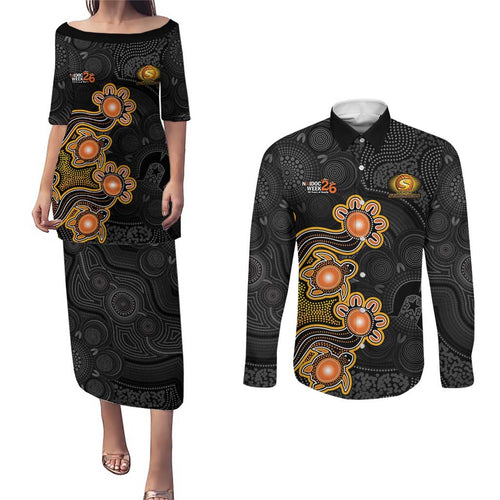 Personalised Perth Scorchers NAIDOC Week 2026 Couples Matching Puletasi and Long Sleeve Button Shirt Sea Turtles Aboriginal Art