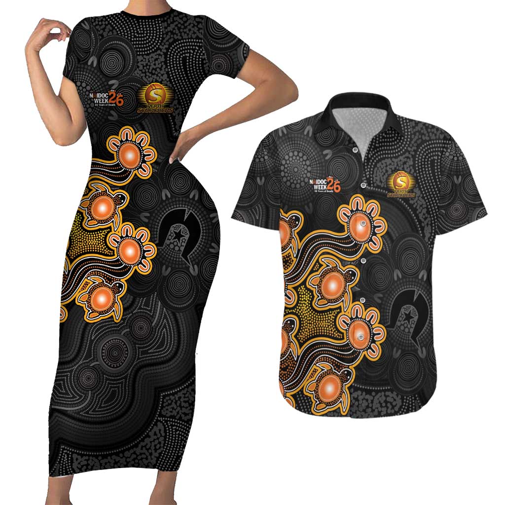 Personalised Perth Scorchers NAIDOC Week 2026 Couples Matching Short Sleeve Bodycon Dress and Hawaiian Shirt Sea Turtles Aboriginal Art