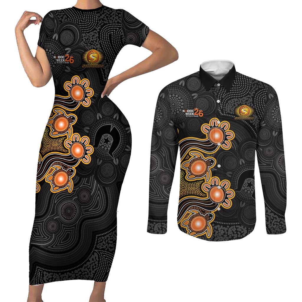 Personalised Perth Scorchers NAIDOC Week 2026 Couples Matching Short Sleeve Bodycon Dress and Long Sleeve Button Shirt Sea Turtles Aboriginal Art