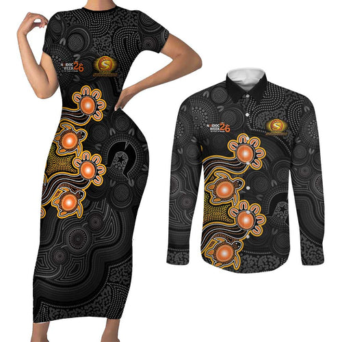 Personalised Perth Scorchers NAIDOC Week 2026 Couples Matching Short Sleeve Bodycon Dress and Long Sleeve Button Shirt Sea Turtles Aboriginal Art