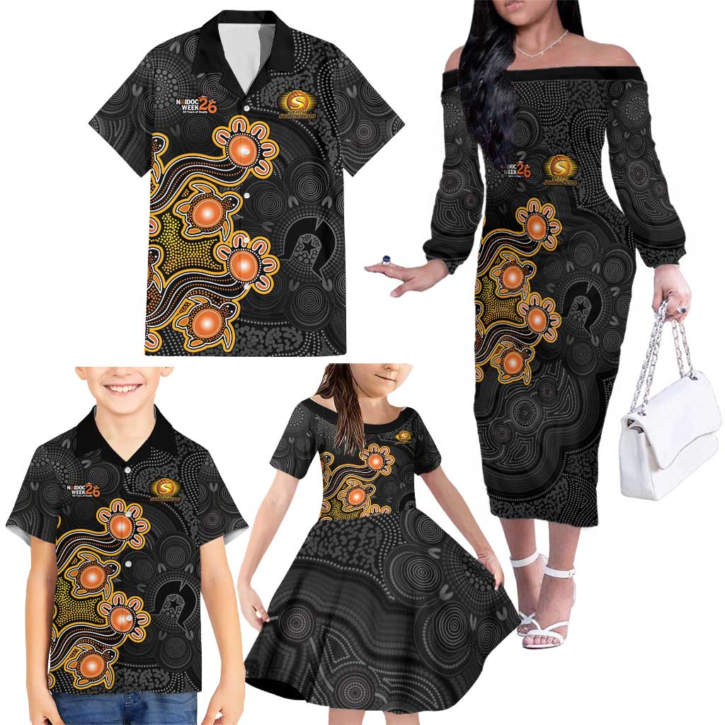 Personalised Perth Scorchers NAIDOC Week 2026 Family Matching Off The Shoulder Long Sleeve Dress and Hawaiian Shirt Sea Turtles Aboriginal Art