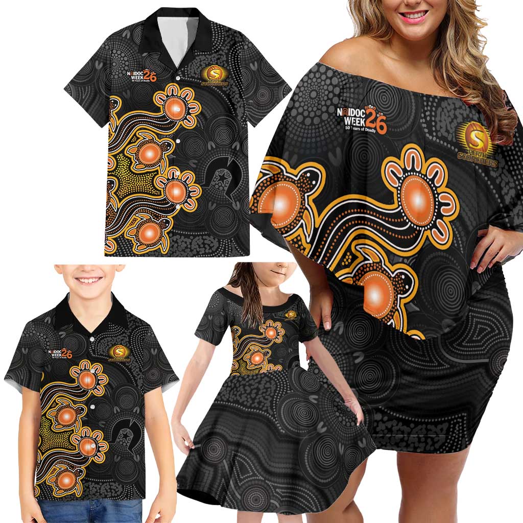 Personalised Perth Scorchers NAIDOC Week 2026 Family Matching Off Shoulder Short Dress and Hawaiian Shirt Sea Turtles Aboriginal Art