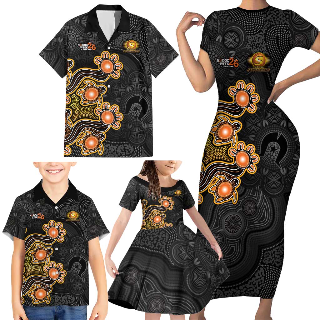 Personalised Perth Scorchers NAIDOC Week 2026 Family Matching Short Sleeve Bodycon Dress and Hawaiian Shirt Sea Turtles Aboriginal Art