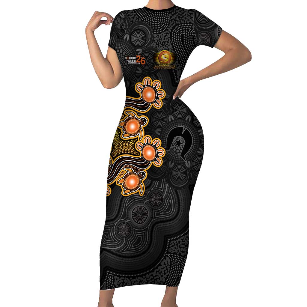 Personalised Perth Scorchers NAIDOC Week 2026 Short Sleeve Bodycon Dress Sea Turtles Aboriginal Art